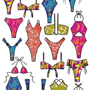 Blue and Red Bikinis with Playful Patterns